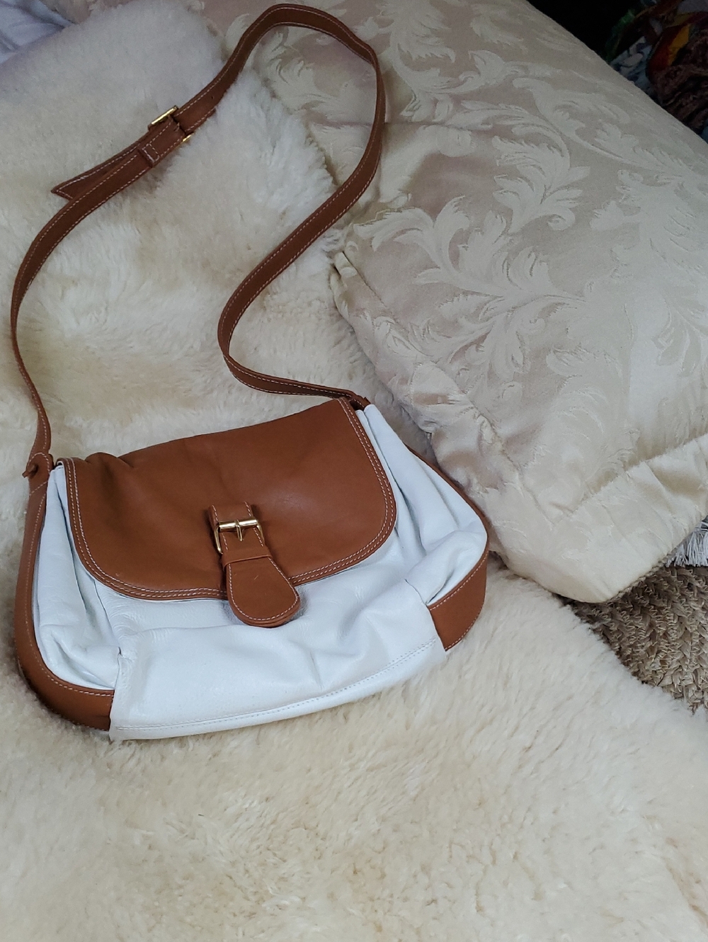 White and Brown Faux Leather Crossbody Shoulder Bag